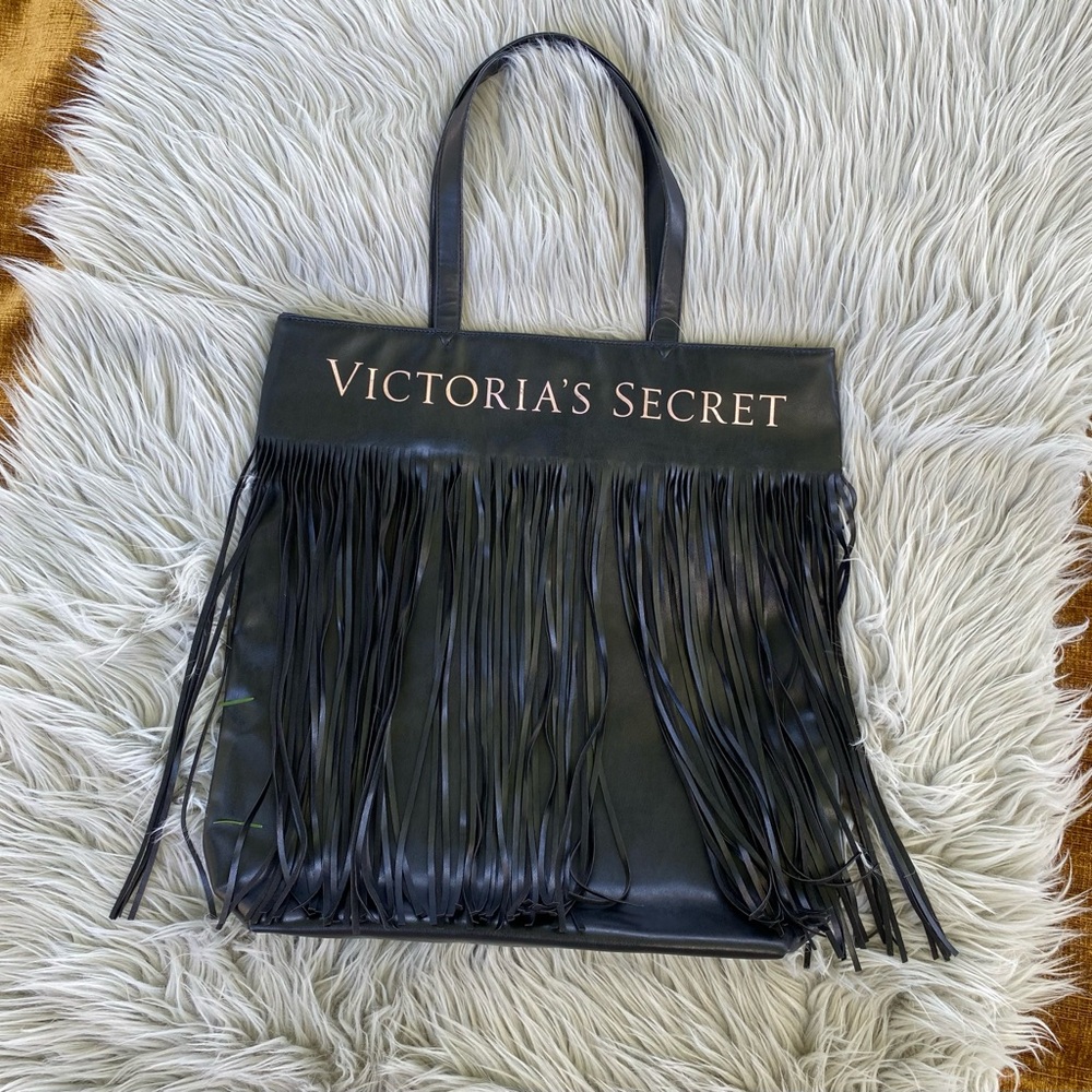 Victoria’s Secret Limited Edition Black Faux Leather Fringe Tote Shoulder Bag
